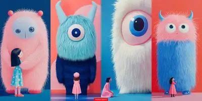 Cute Fluffy Monster and Little Girl