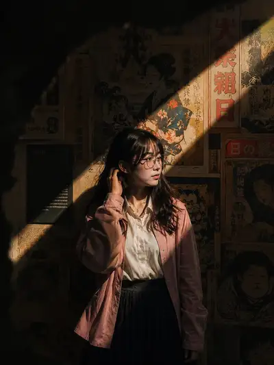 Ultra-realistic cinematic portrait in a dark museum