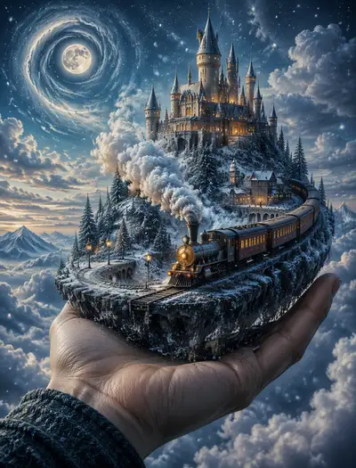 Miniature Island with Steam Train and Castle