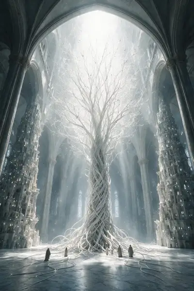 Colossal arbre de câbles blancs remplissant une ancienne chambre de cathédrale en pierre