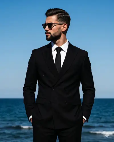 Sharp editorial menswear portrait with coastal backdrop