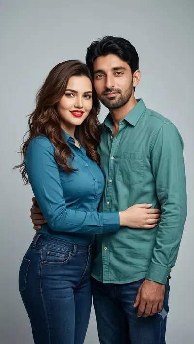 Stylish couple studio portrait in teal outfits