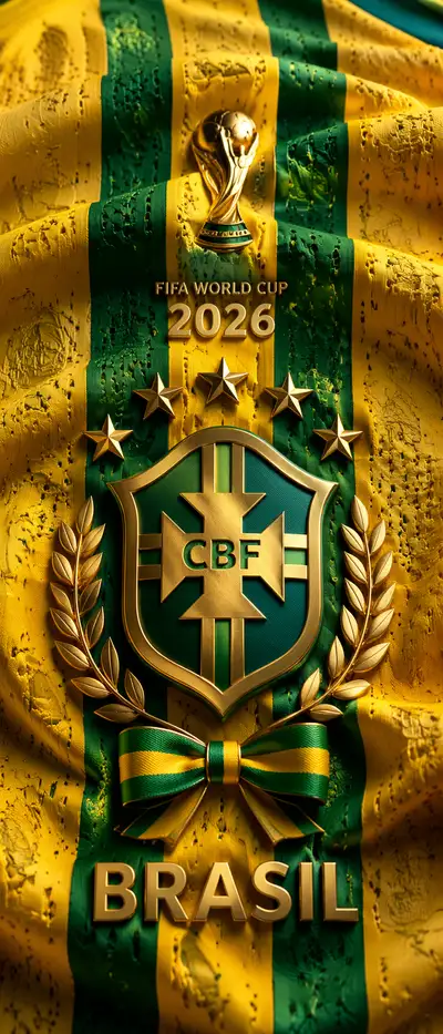 Macro close-up of a Brazil football jersey with FIFA World Cup 2026 badge
