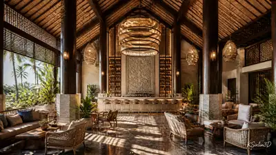Tropical resort hotel lobby interior design render