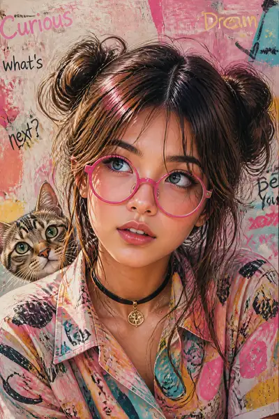 Quirky pop-art illustration of a girl with a tabby cat