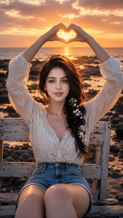 Romantic Sunset Beach Portrait with Heart Hands
