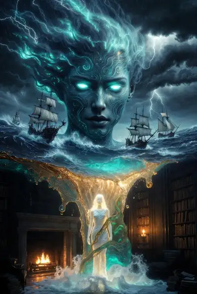 Surreal Ocean Goddess and Fireplace Sanctum