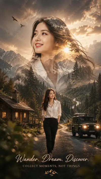 Ultra-realistic cinematic travel poster with double-exposure