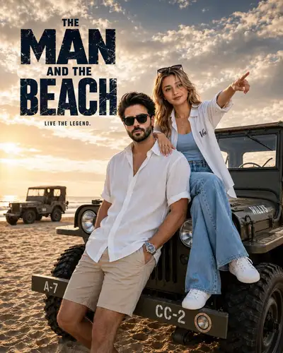 High-End Fashion Beach Poster with Jeep