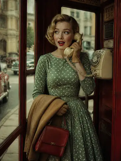 Retrato editorial em cabine telefônica dos anos 1950