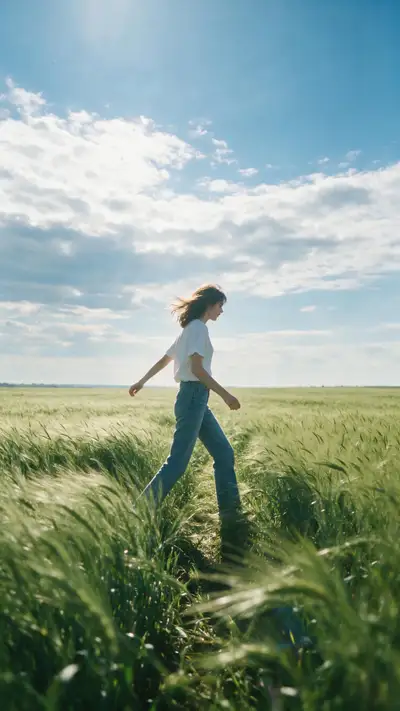 Cinematic wheat field walk portrait, golden late morning light