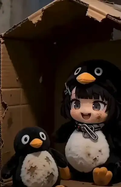 JSON-Prompt für ein Chibi-Mädchen im Pinguinkostüm mit beschützendem Hund