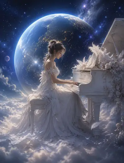 Ethereal Woman Playing Piano on a Cloud