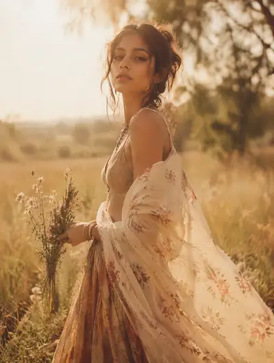Boho-chic desi woman portrait in a sunlit meadow