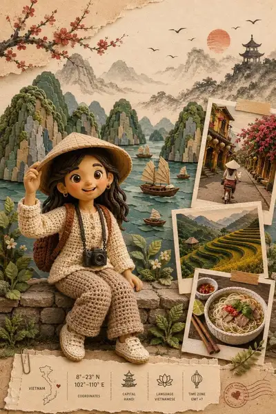 Handcrafted papercraft travel poster with a clay traveler