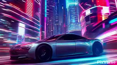 Futuristic Cityscape with Sleek Silver Car