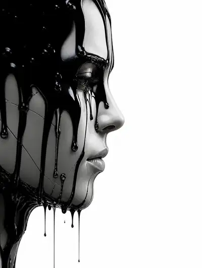 Surreal robot profile with black liquid drips