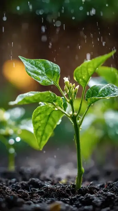 Macro shot of a rain-dappled chili plant seedling