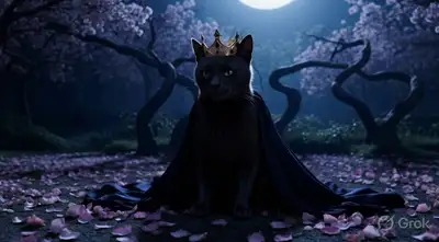 Mysteriöse gekrönte Katze in einem mondbeschienenen Noir-Garten, Grok Imagine