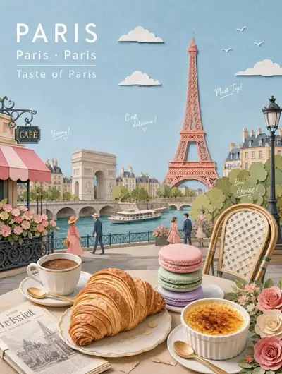 Affiche de voyage culinaire en ville, style collage de papier pastel
