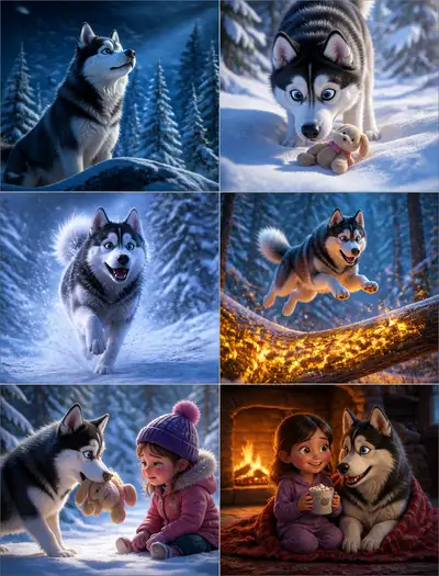 Storyboard de husky que encontra um brinquedo perdido na neve
