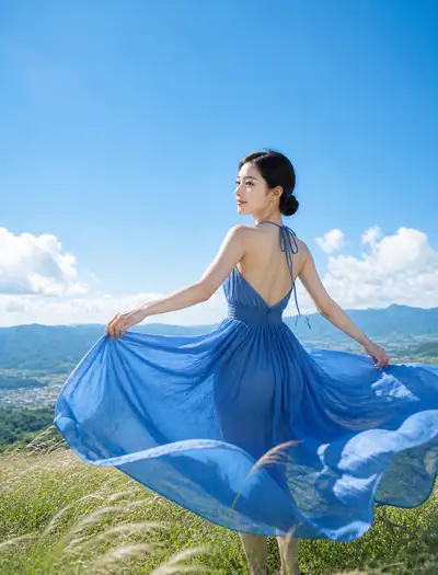 Woman in flowing blue summer dress on a highland meadow