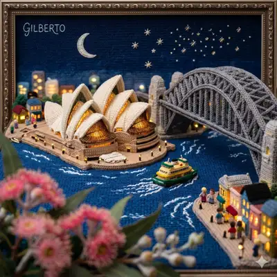 Amigurumi yarn diorama of a city landmark at night