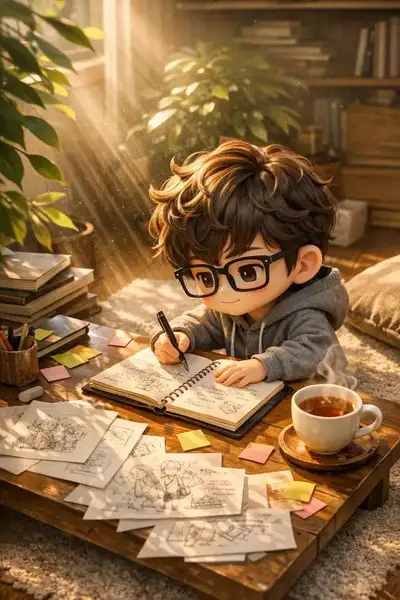 Chibi Boy Writing in Cozy Sunlit Room