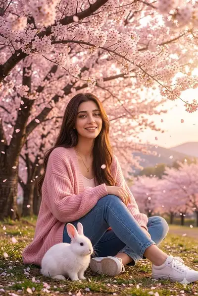 Femme sous les cerisiers en fleurs au coucher du soleil avec un lapin blanc
