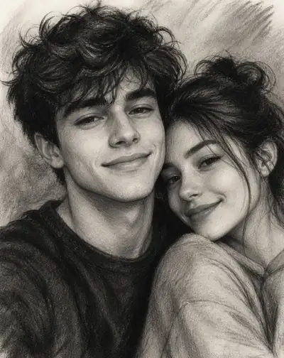 亲密情侣的炭笔素描画