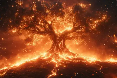 Ancient Tree Ablaze Video Prompt