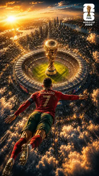 Pôster cinematográfico da Copa do Mundo FIFA 2026 com jogador voando