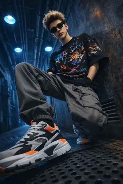 Modelo de retrato de moda de rua industrial em ângulo baixo