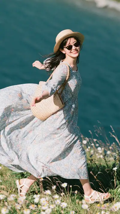 Giro à beira de um lago alpino suíço com vestido floral, Midjourney v8.2