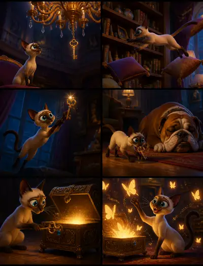 Storyboard de mistério da chave do gato siamês detetive