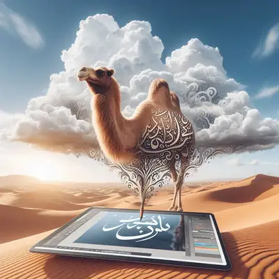 Camel with Arabic Calligraphy in Desert