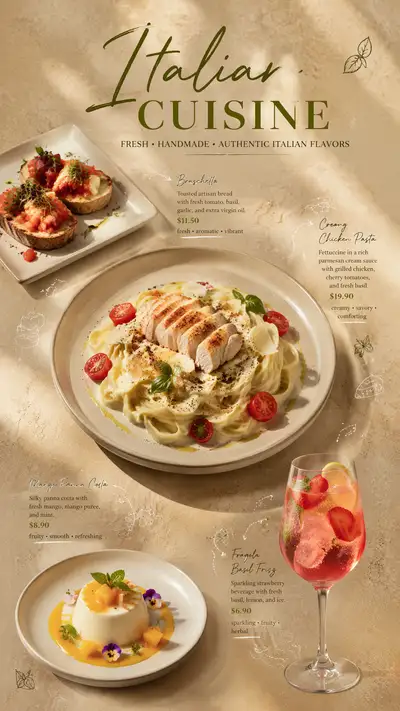 Luxury Italian restaurant campaign poster with editorial food styling