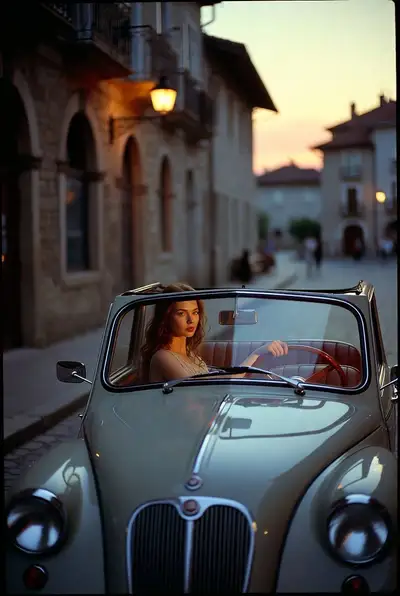 Cinematic Sunset Street Scene with Vintage Convertible