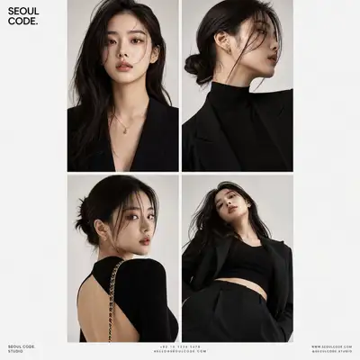 2x2 grid high fashion editorial poster of a Korean model