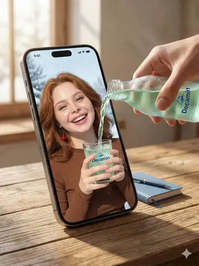 iPhone sobredimensionado surrealista vertiendo agua en su propia pantalla