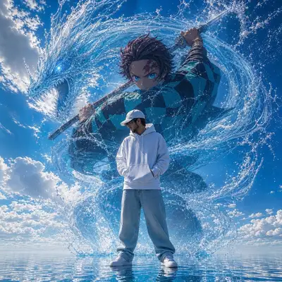 Cinematic ocean warrior anime fusion portrait
