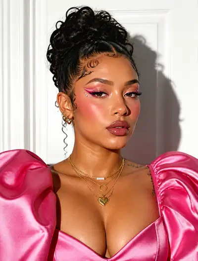 High-Key Studio Portrait in Pink Satin Puff-Sleeve Dress