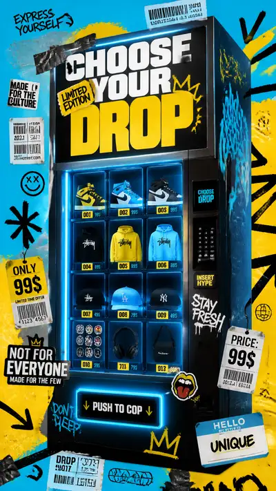 Póster publicitario de máquina expendedora streetwear con gráficos neón