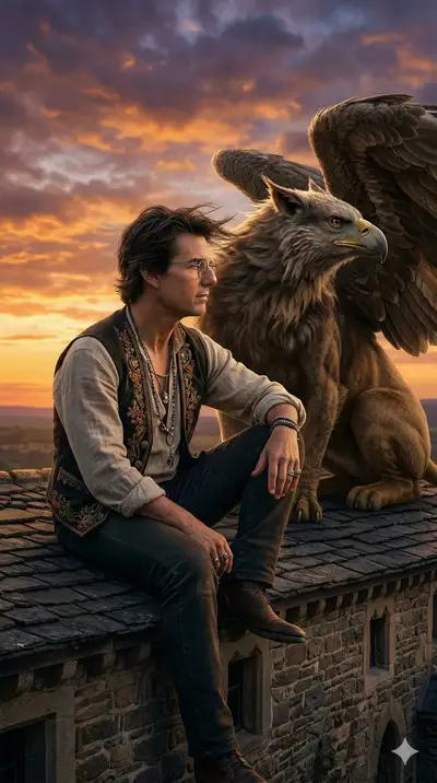 Gypsy Man and Griffin at Castle Dusk