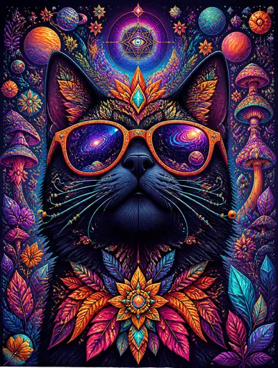Psychedelic vector illustration of a cosmic alebrije cat
