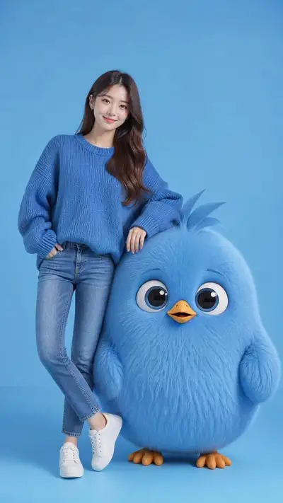 Korean woman posing with a giant fluffy blue bird character