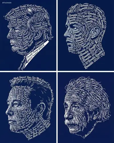 Typographic profile portrait made entirely of calligraphic text