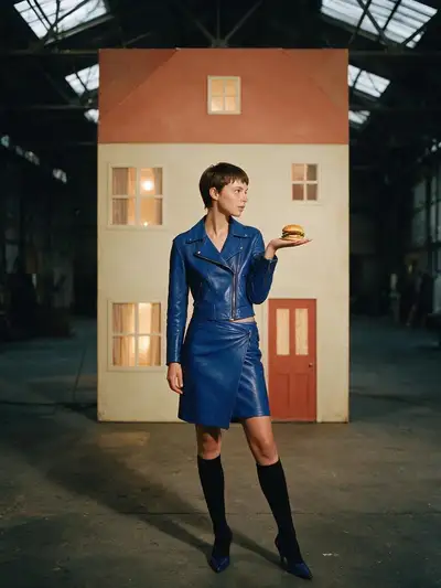 Hyper-realistic editorial photo: woman with burger on dollhouse set