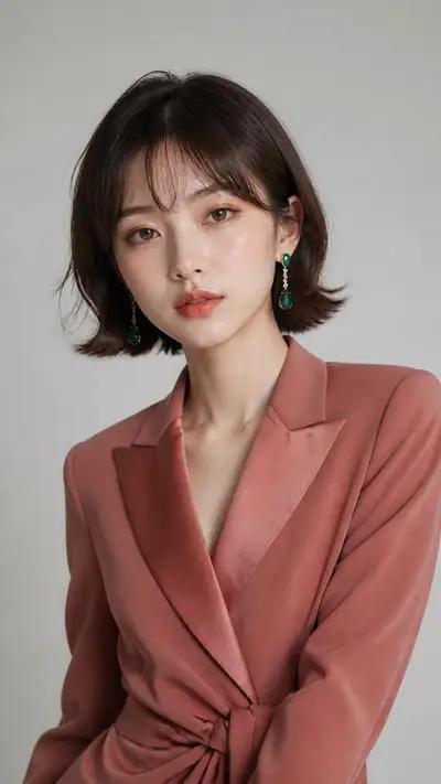 Natural portrait photo description, short bob haircut