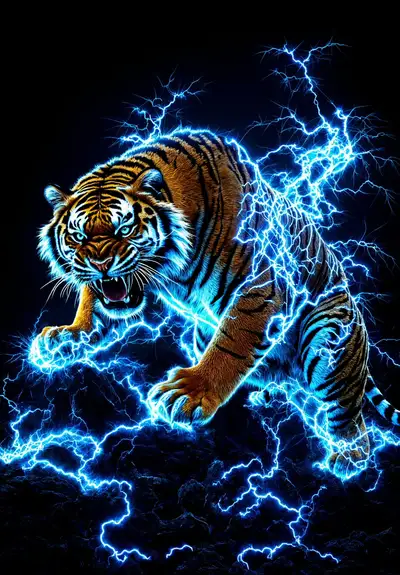 Blue Electricity Tiger Realistic Photo Prompt